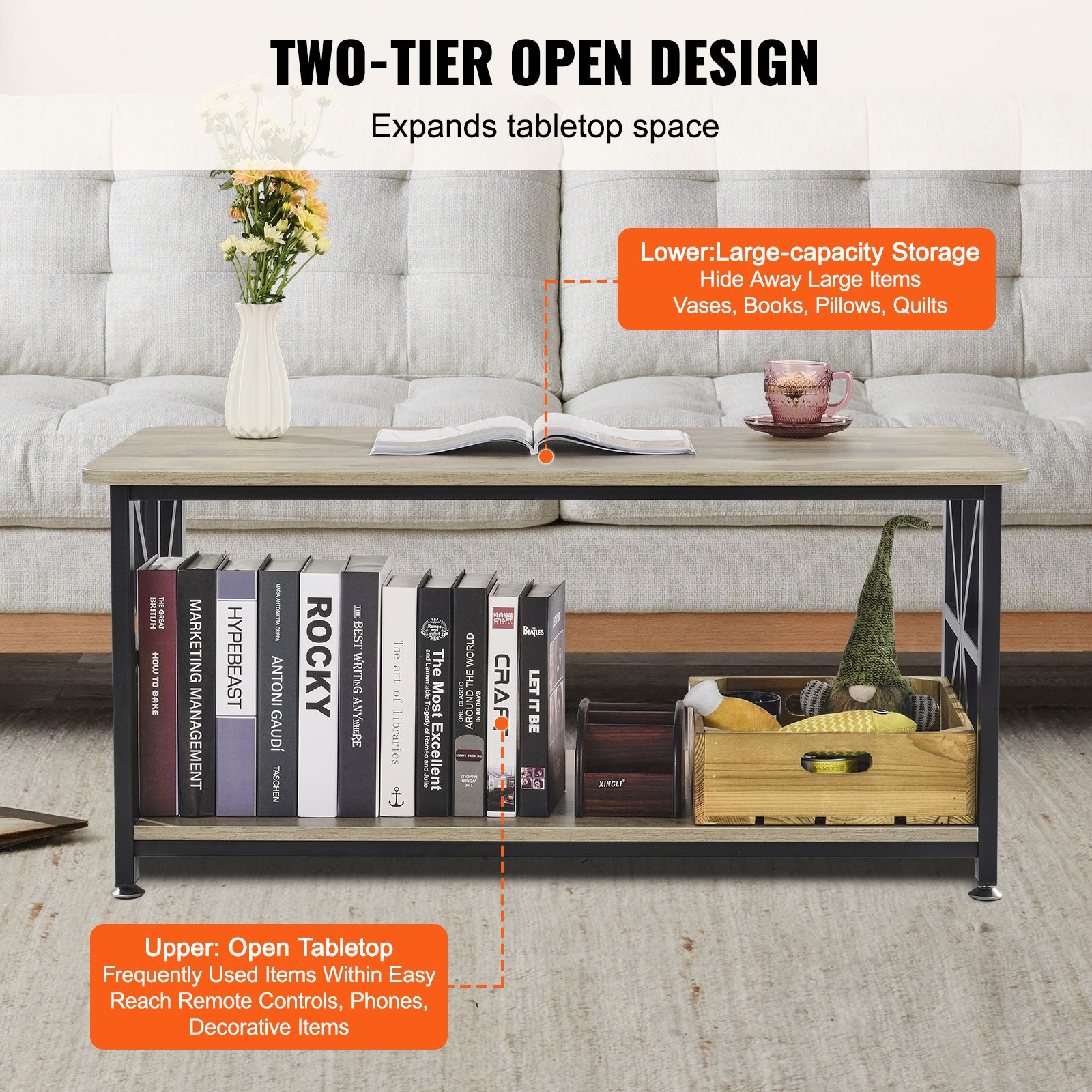 Start2Finish VEVOR 40-inch rustic wooden farmhouse coffee table with open storage, brown and black finish, in a living room setting.