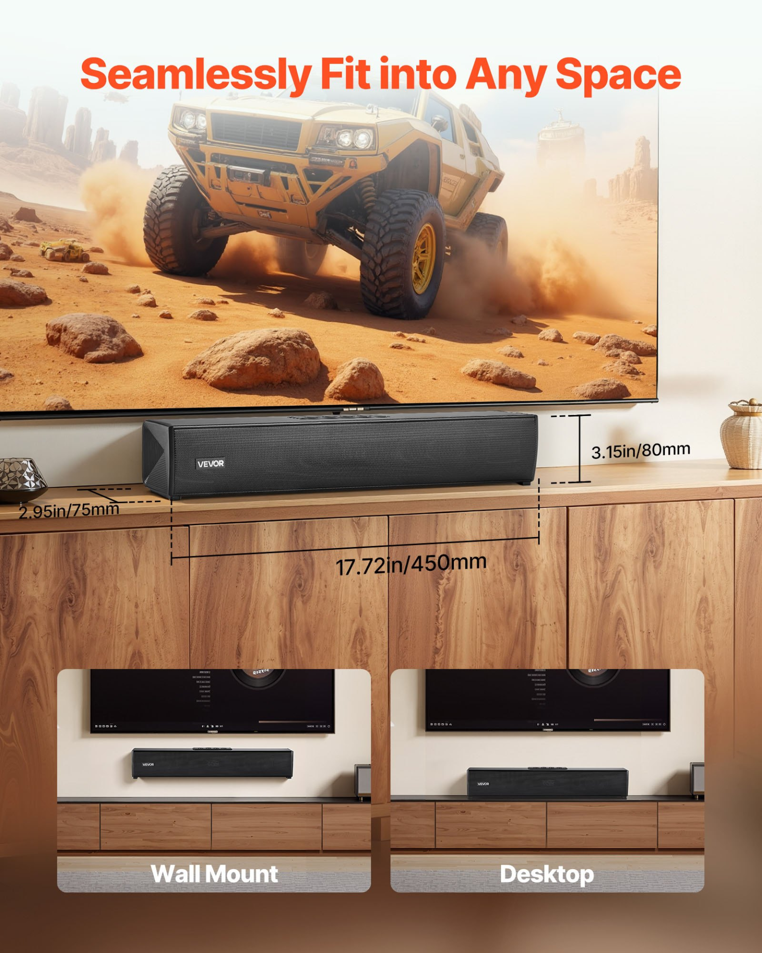 Start2Finish 17-inch VEVOR sound bar with remote, Bluetooth, AUX, and 80W surround sound for TV and home theater audio setup.