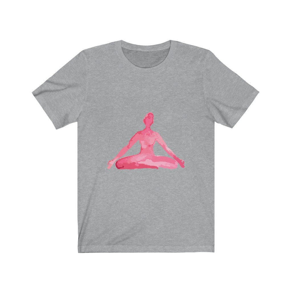 Yellow Pandora yoga meditation pose print T-shirt featuring a relaxed figure in a peaceful seated pose on soft fabric.