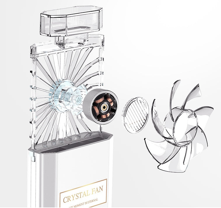 Carmine Juneberry portable perfume fan, USB rechargeable fragrance diffuser with sleek bodycare design and compact size.