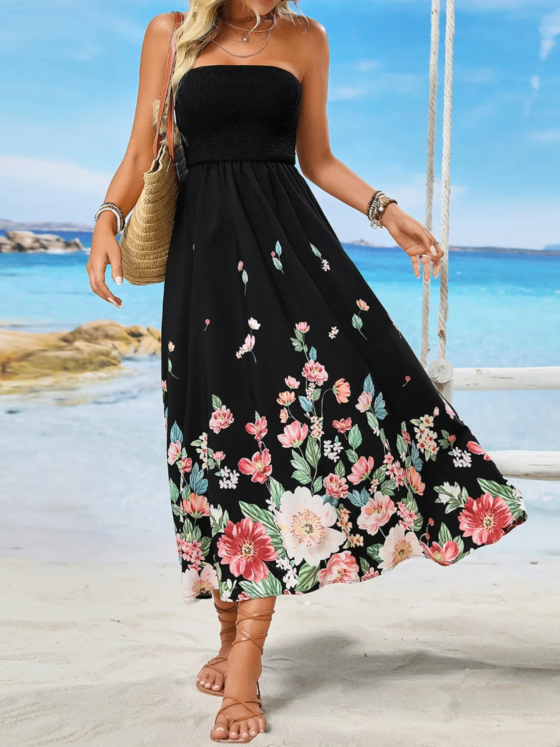 Ruby Styx printed tube midi dress for women, featuring a fitted silhouette and vibrant floral print, perfect for stylish occasions.