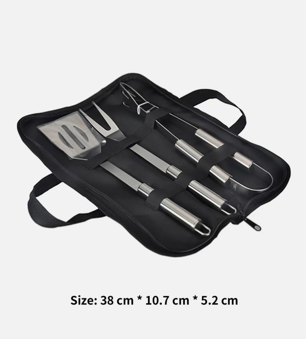 Yellow Pandora 3-piece stainless steel BBQ grill utensils set with spatula, tongs, and fork for outdoor cooking and grilling.