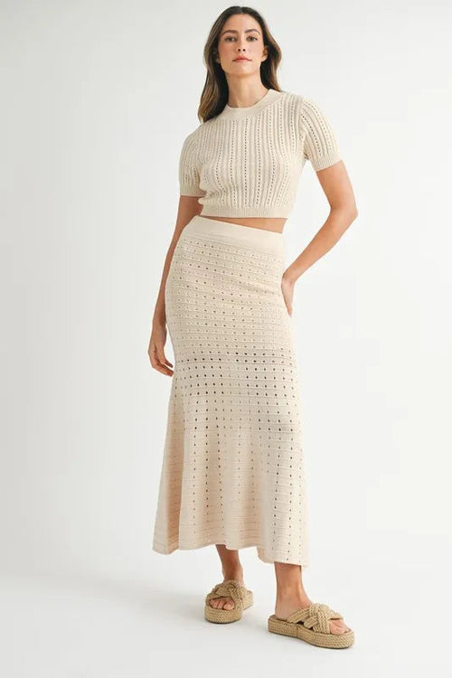 Pear Daisy MABLE Pointelle crop top and slit skirt sweater set, cozy knit home and garden ensemble, soft pastel colors.