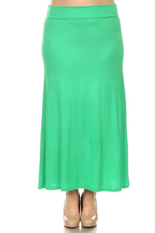 Plus size solid high-waisted A-line maxi skirt by Jade Icarus, flowing skirt with a flattering fit, in a vibrant color.