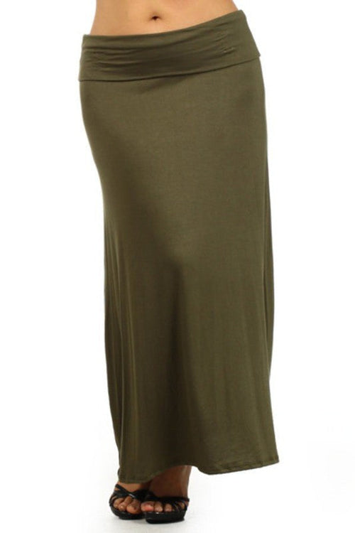 Plus size solid high-waisted A-line maxi skirt from Jade Icarus, flowing fabric and comfortable fit, styled for women.