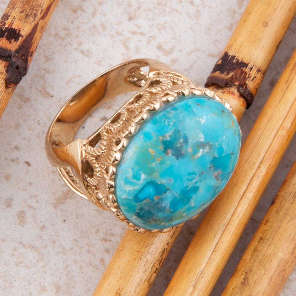 Start2Finish Terra Blue Turquoise and Golden Statement Ring showcasing a bold turquoise stone and intricate gold band.
