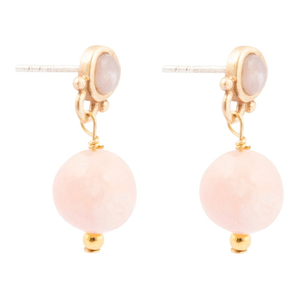 Pink opal golden drop post earrings featuring delicate gold accents and vibrant pink gemstone drops for elegant style.
