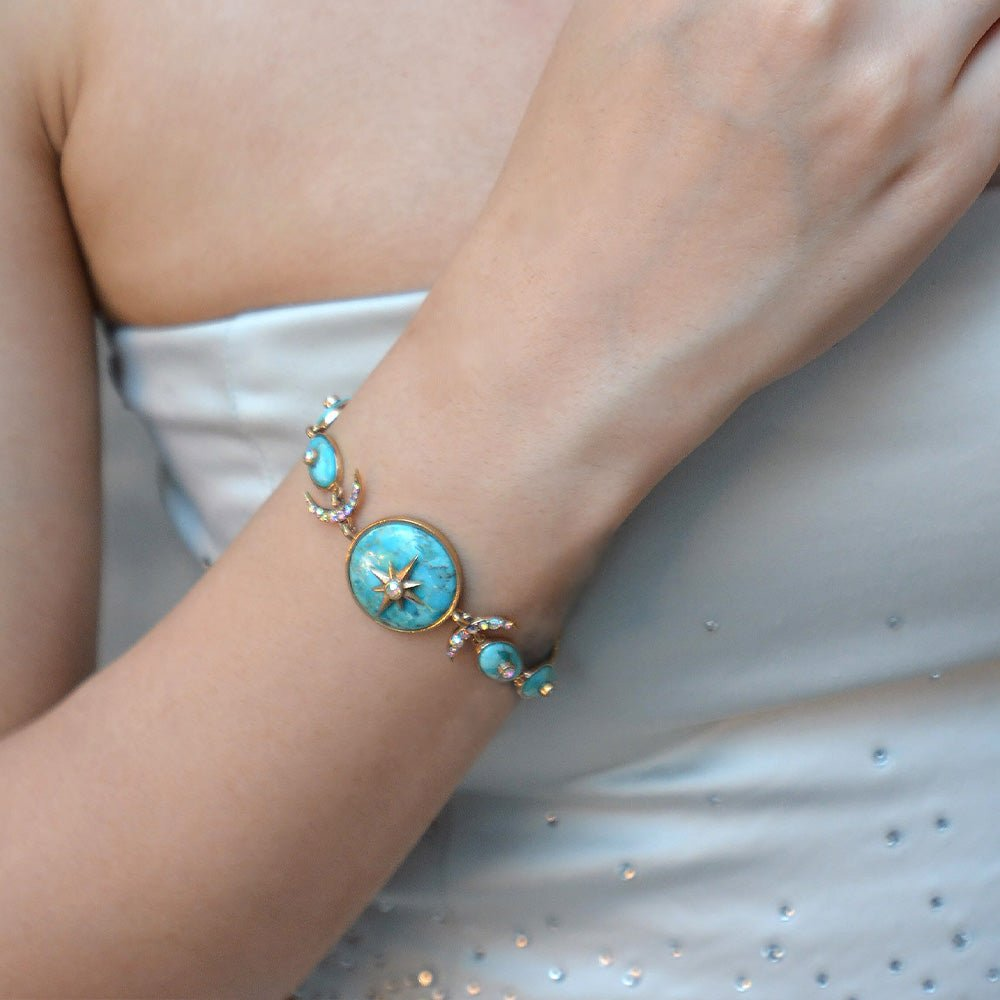 Celestial Blue Turquoise and gold link bracelet from Start2Finish jewelry, featuring round turquoise beads and elegant gold chain links.