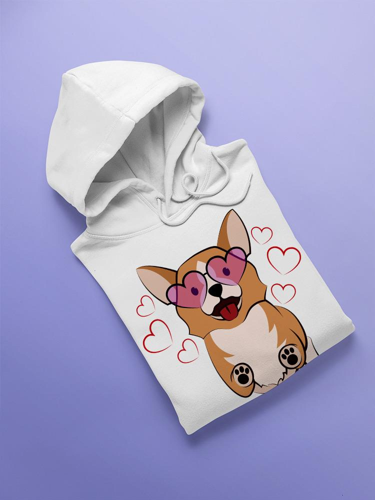 Start2Finish Corgi hoodie with heart glasses and Spideals Designs logo, casual apparel for dog lovers, front view.