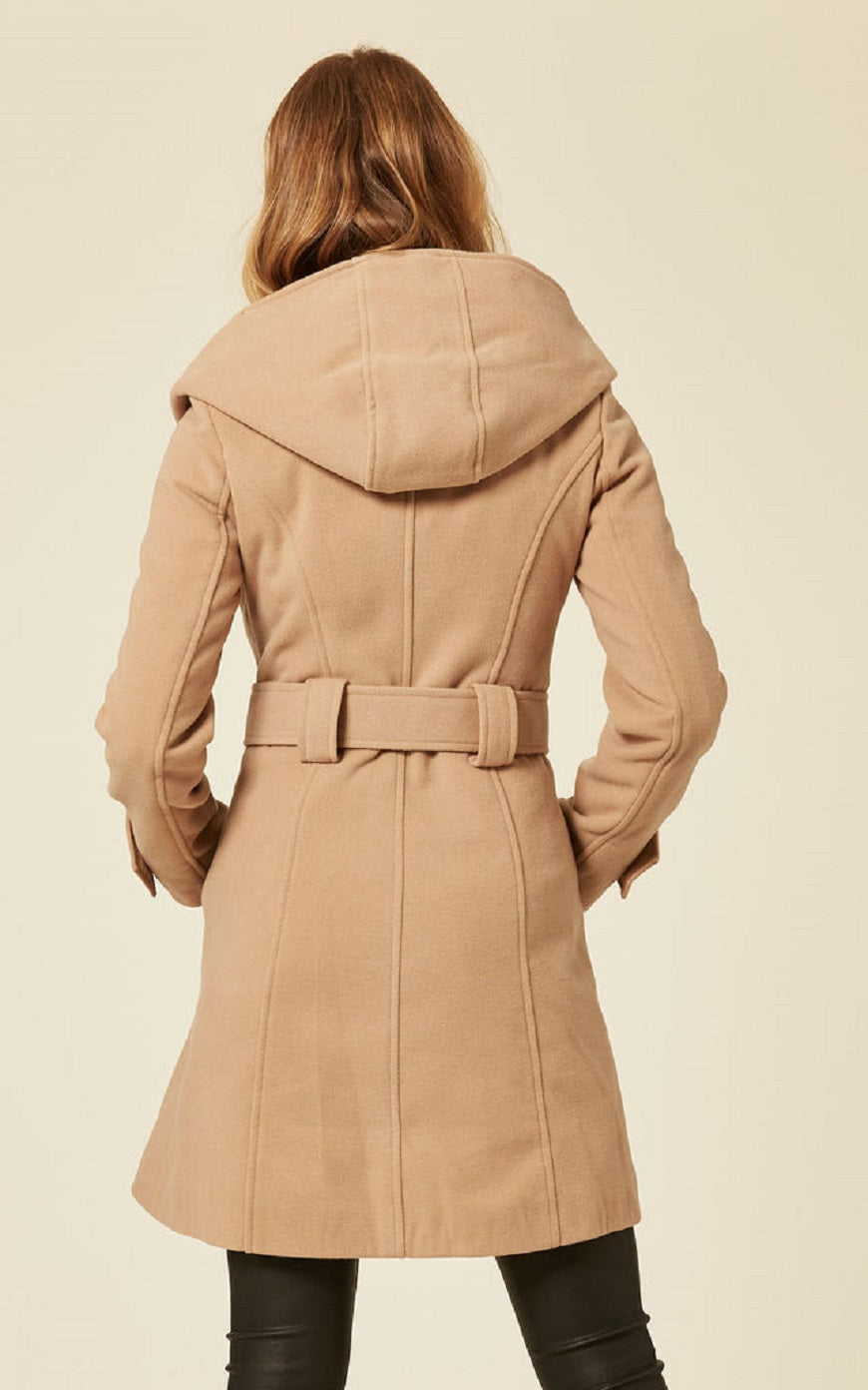 Camel slim fit shawl hooded coat by Rose Eleusis, stylish jacket with a cozy hood and tailored silhouette.
