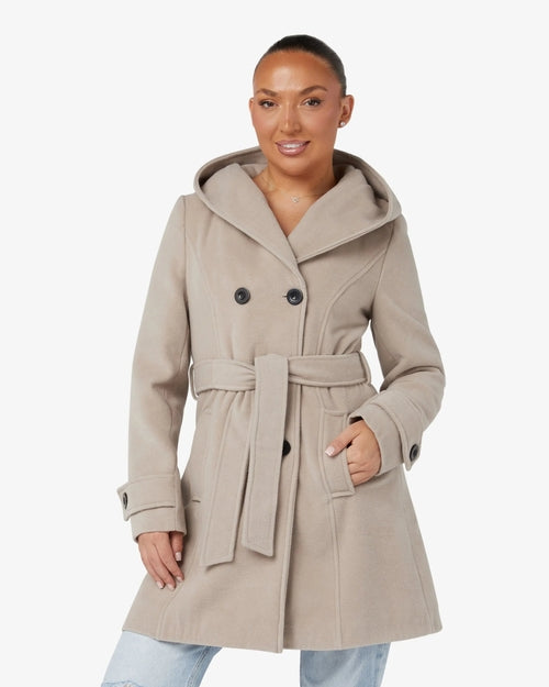 Slim fit Shawl Hooded Coat by Rose Eleusis in stone color, featuring a stylish hood and tailored design for jackets and coats.