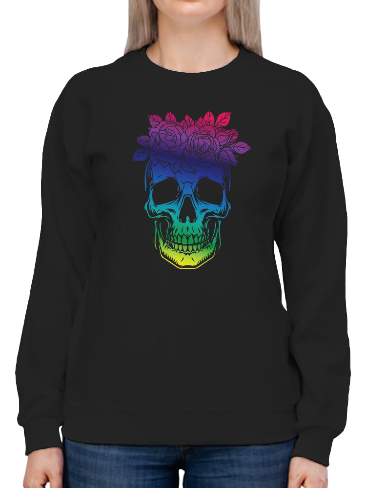Flower skull sweatshirt from SmartPrintsInk Designs in natural fabric, featuring a vibrant floral skull graphic on the front.