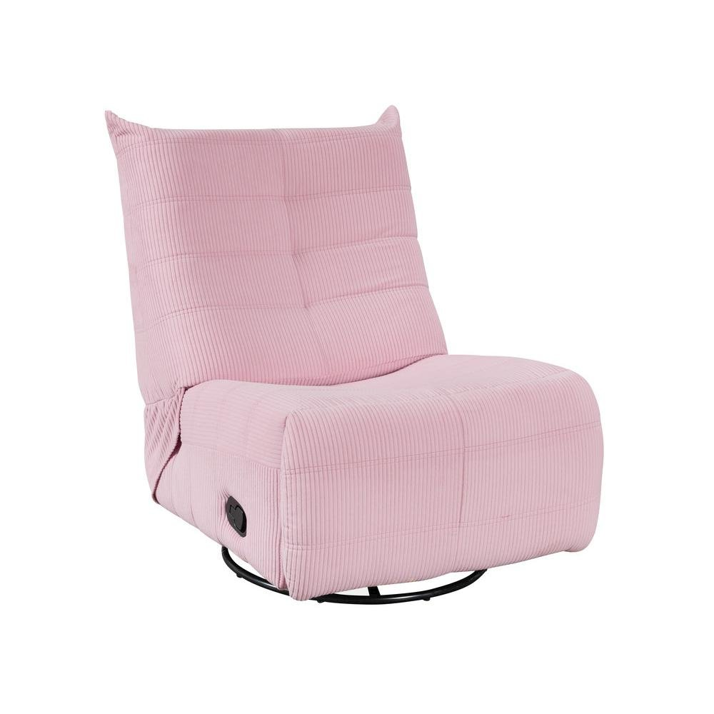 Pink corduroy swivel glider recliner by Start2Finish, showing plush fabric, curved armrests, and a comfortable reclining design.