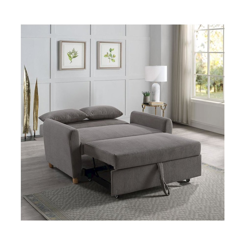 Brown corduroy convertible sleeper loveseat by Start2Finish, featuring plush fabric and a compact design for versatile living spaces.