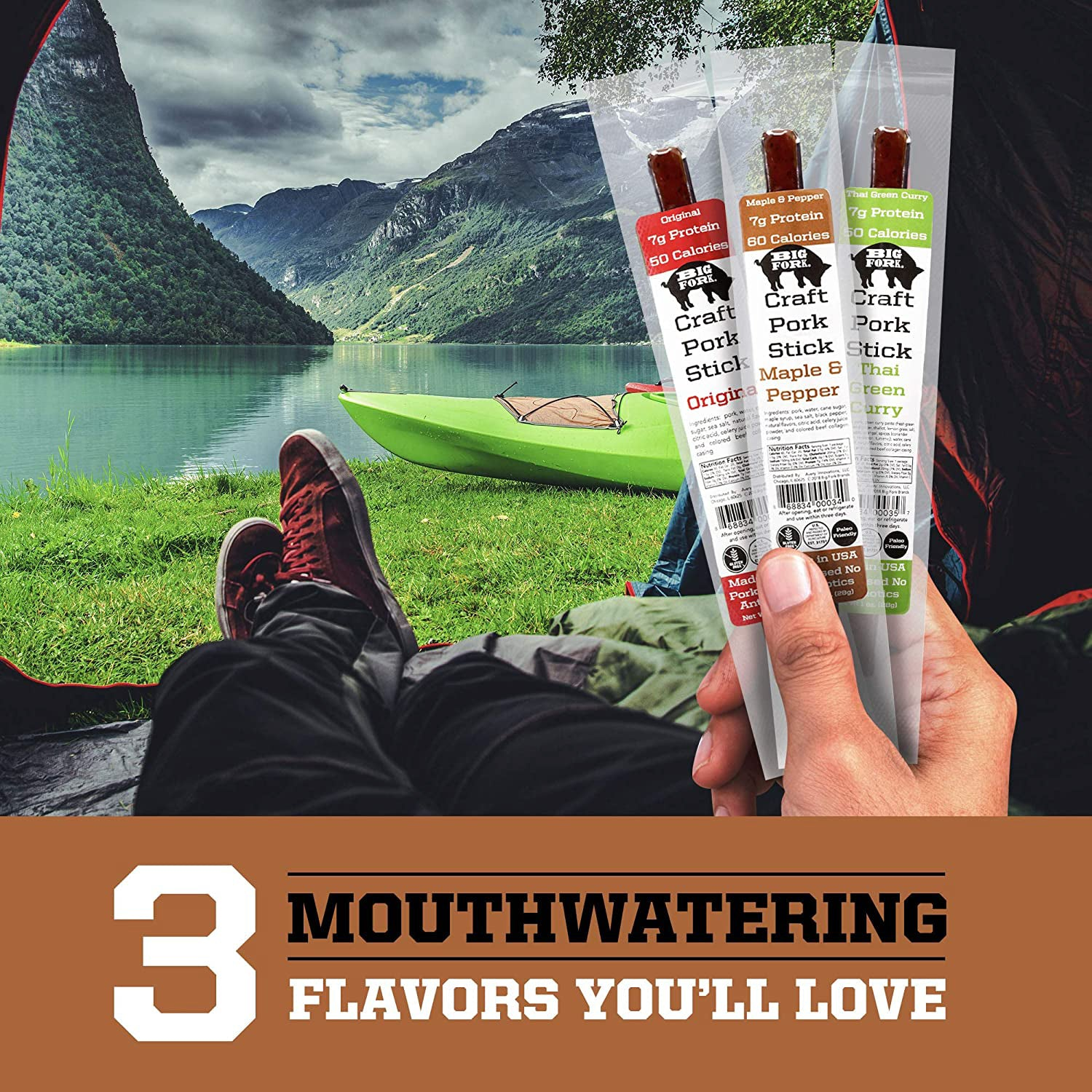 Start2Finish Craft Pork Snack Stick Collection with 60 flavorful pork snack sticks on a white background.