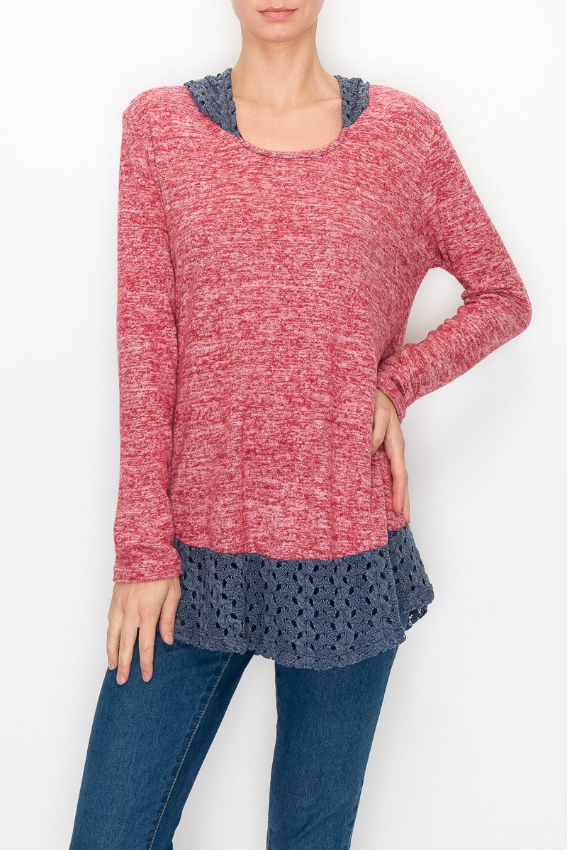 Yellow Hera hooded color block long sleeve top featuring a stylish design with contrasting color blocks and a comfortable fit.