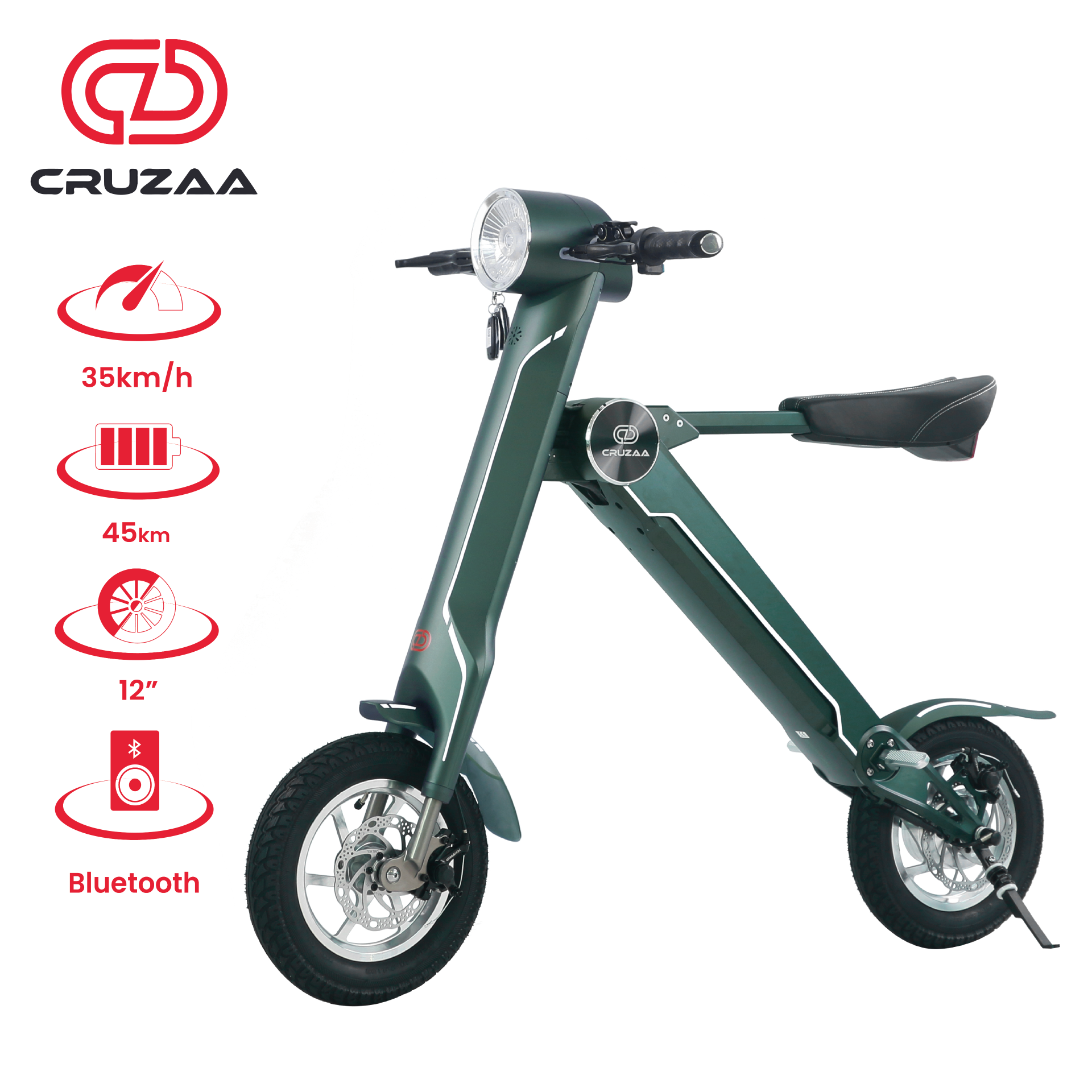 Start2Finish Cruzaa electric scooter in Magno Green with Bluetooth speakers, USB port, 45km range, and 35km/h top speed.