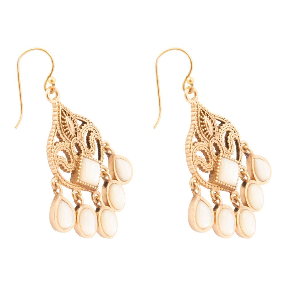 Luscious white mother of pearl golden chandelier earrings with intricate jewelry design and dangling pearl accents.
