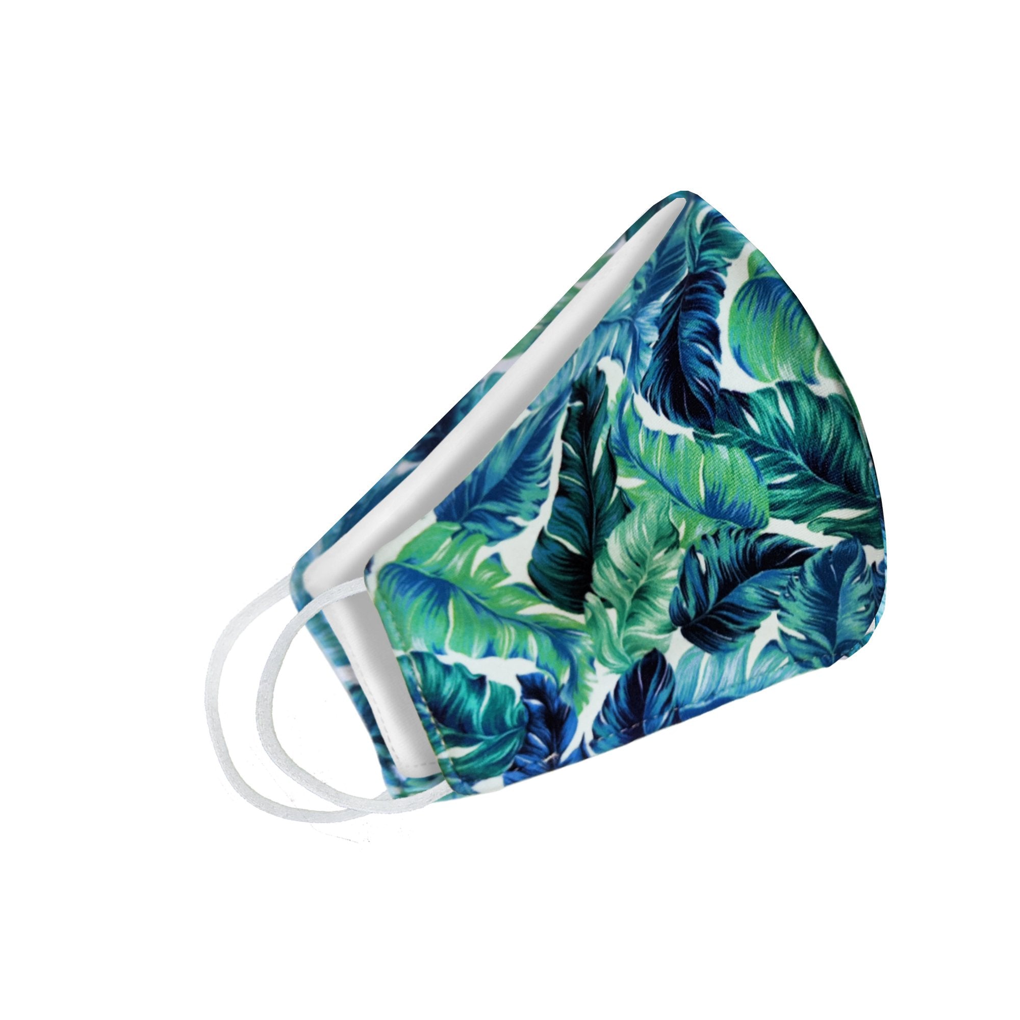 Blue tropical banana leaves face mask for women by Cyan Poppy, featuring a vibrant leaf pattern and comfortable fit.