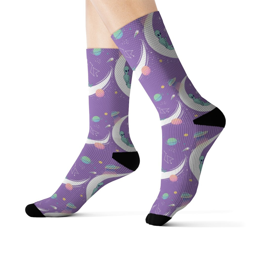 Yellow Pandora Alien Chilling Socks featuring colorful alien and space-themed patterns on comfortable socks.
