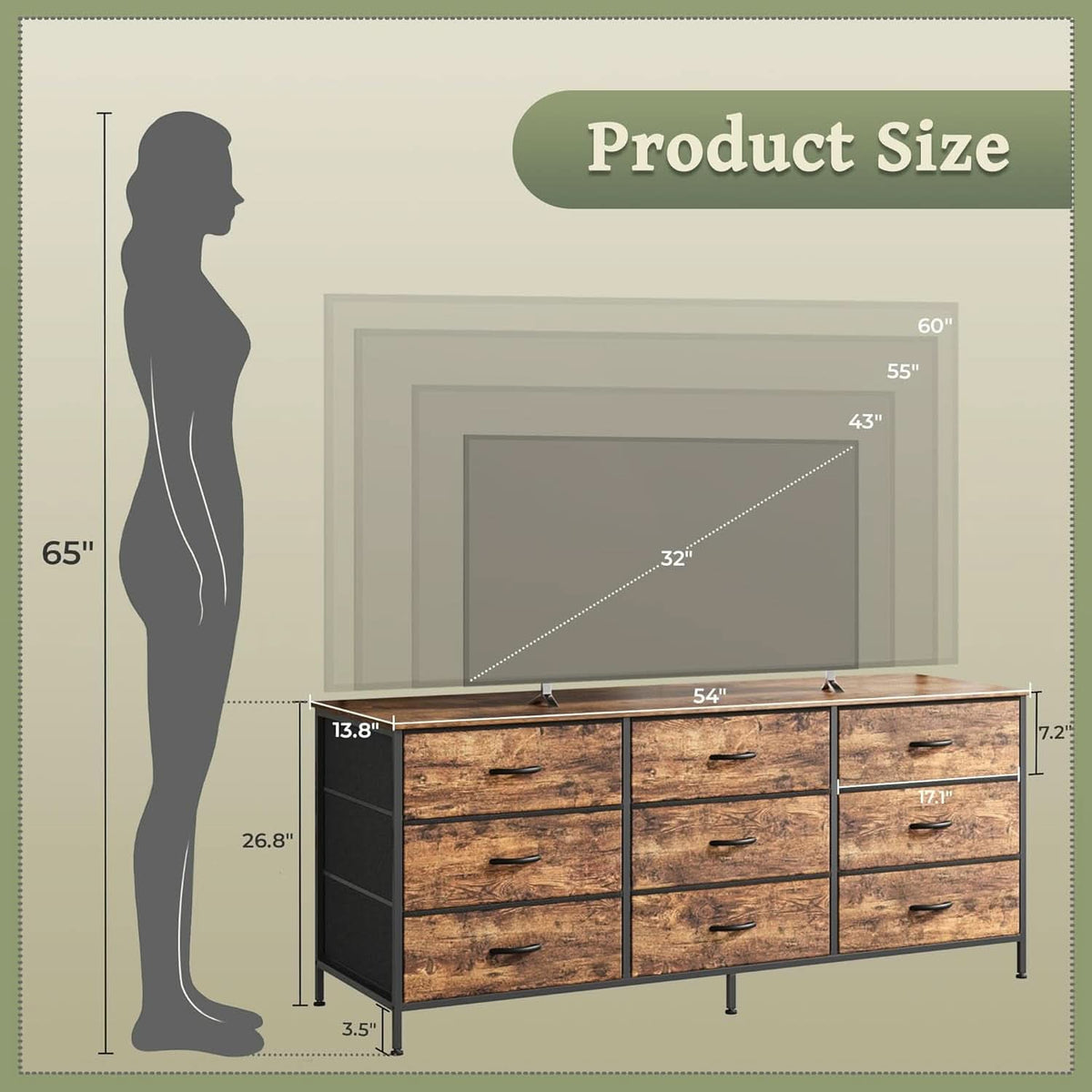 55 Inch Dresser TV Stand With 9 Fabric Drawers Rustic Brown