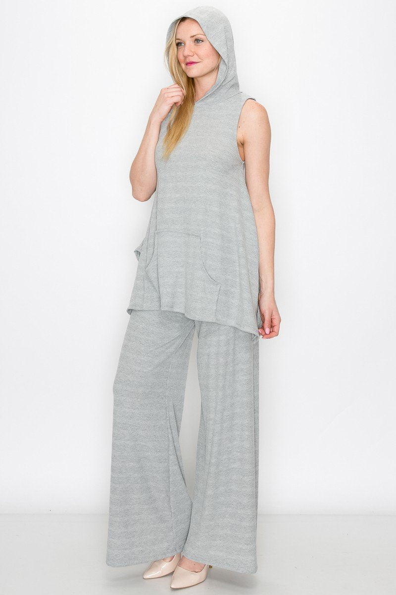 Gray sleeveless hooded top and wide-leg pants set by Yellow Hera, casual clothing ensemble for comfortable style.