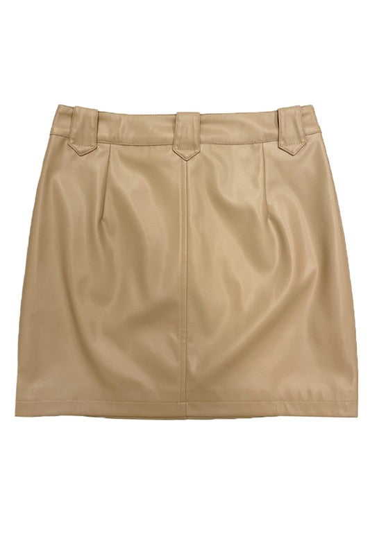 Western contrast pleather mini skirt by Jade Icarus, displayed in a stylish automotive-inspired design with bold black and white accents.