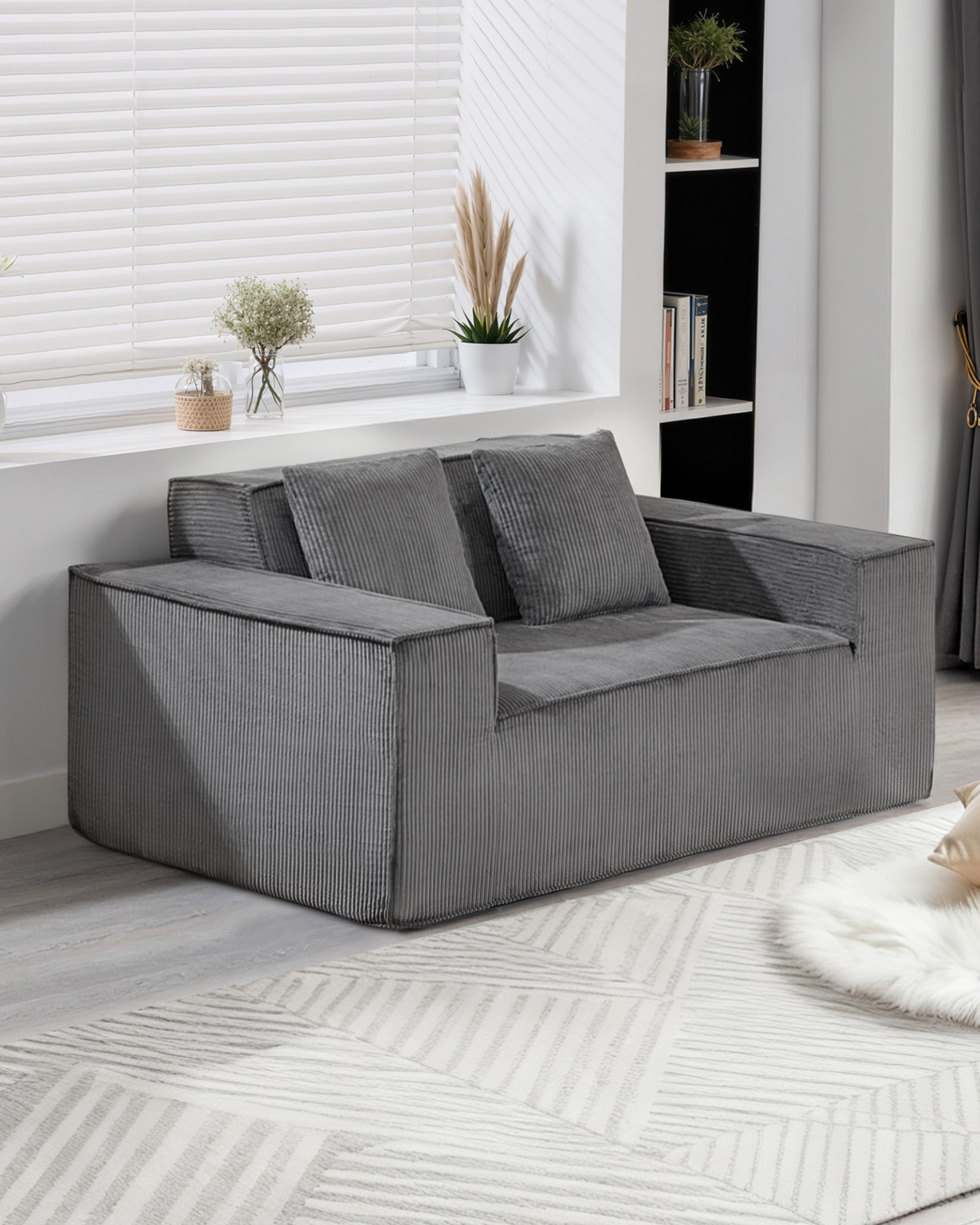 Gray VEVOR loveseat sofa with soft cushions, corduroy fabric, two-seats, pocket springs, perfect for living rooms, bedrooms, or offices.