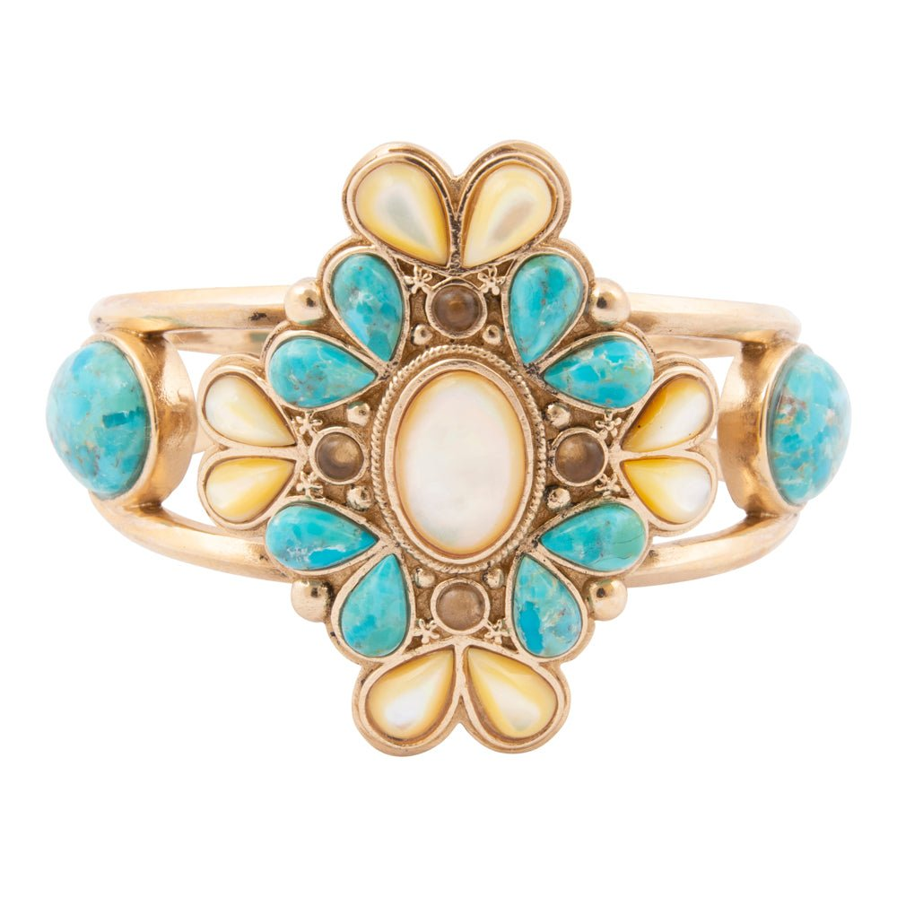 Start2Finish Barcelona blue turquoise and caramel mother of pearl gold cuff bracelet with intricate detailing and polished finish.