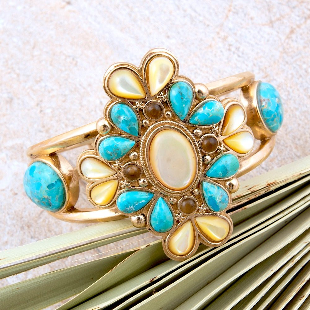 Start2Finish Barcelona blue turquoise and caramel mother of pearl gold cuff bracelet showcasing intricate jewelry design