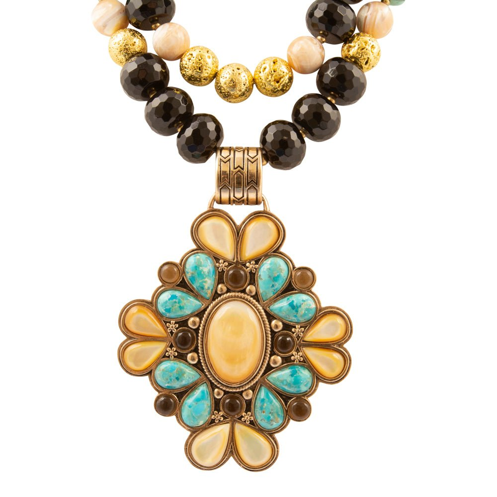 Start2Finish Barcelona blue turquoise and caramel mother of pearl pendant necklace with gold accents, showcasing intricate jewelry design.