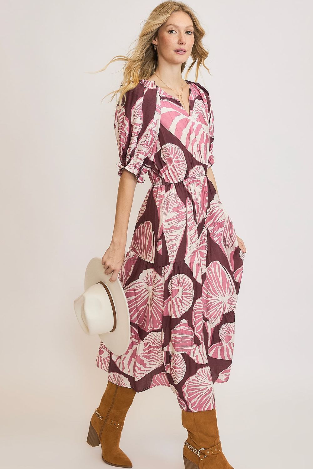 Plus size Umgee printed notched puff sleeve midi dress for women with a stylish pattern and relaxed fit, styled by Jade Icarus.
