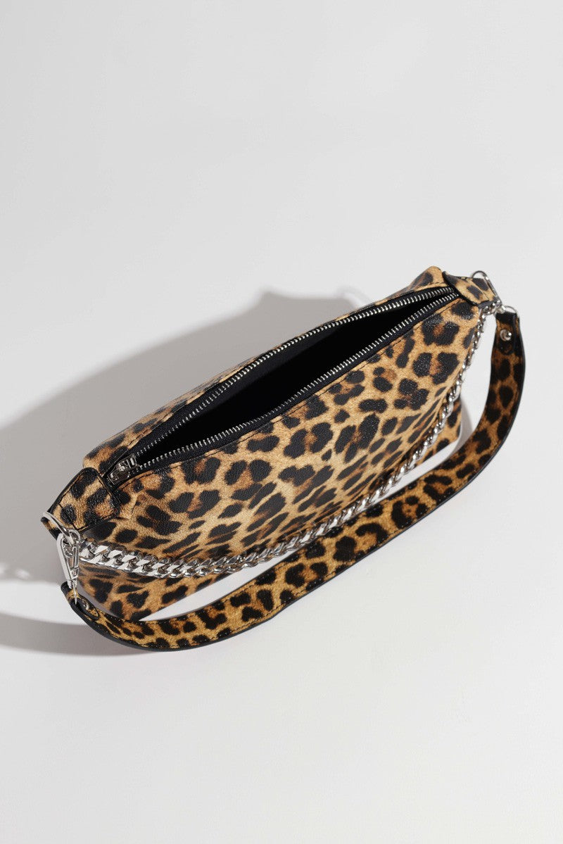 Lavender Tartarus leopard print crossbody handbag with adjustable strap and gold-tone hardware, stylish and compact for everyday use.