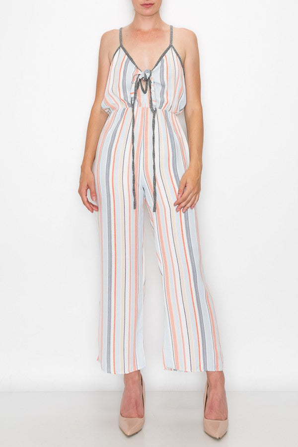 Orange front tie cropped jumpsuit by Yellow Hera, featuring a stylish design and fitted waist, perfect for casual and summer wear.