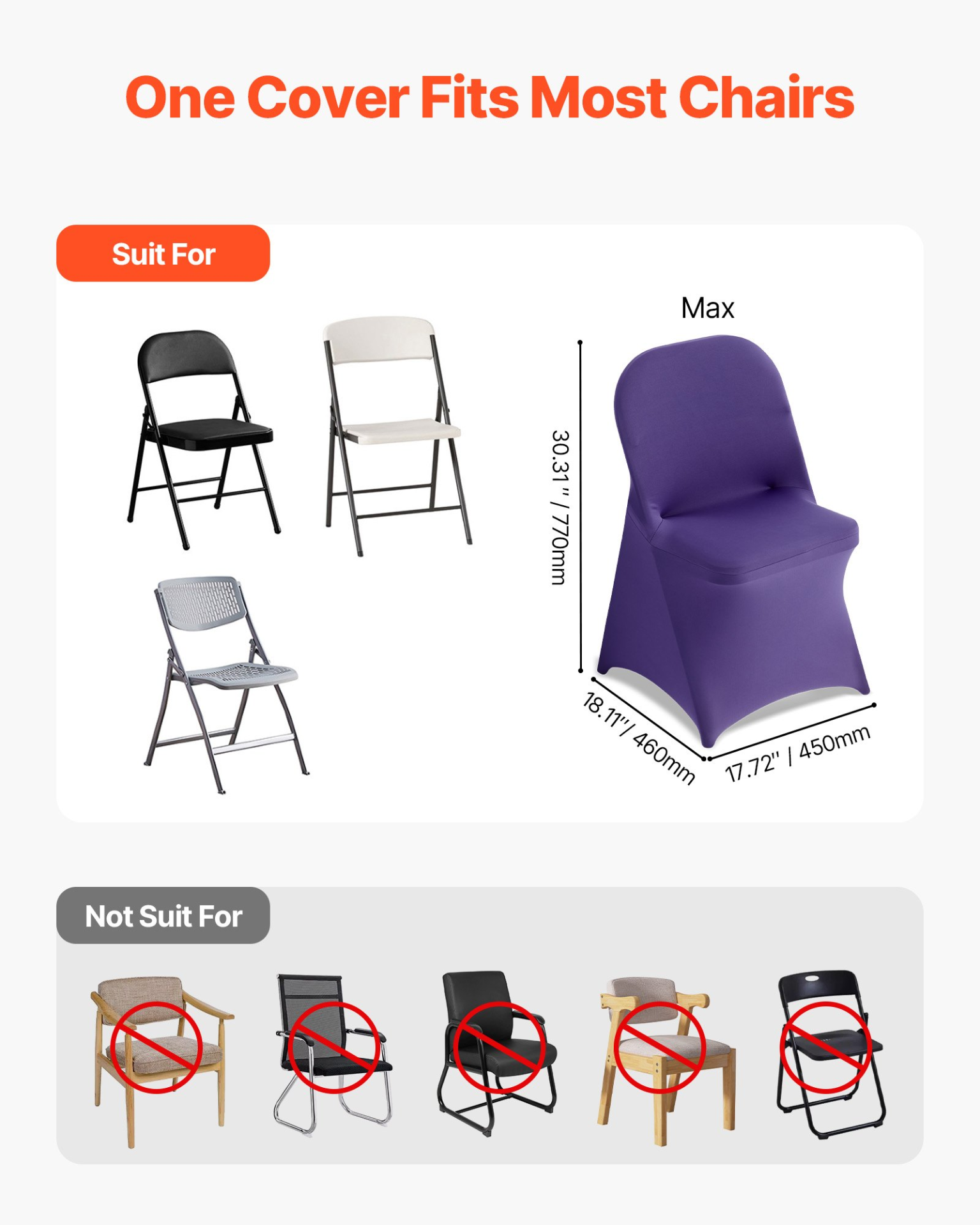 Start2Finish VEVOR purple polyester spandex chair covers for wedding, banquet, and event seating, fits chairs up to 30 inch tall.