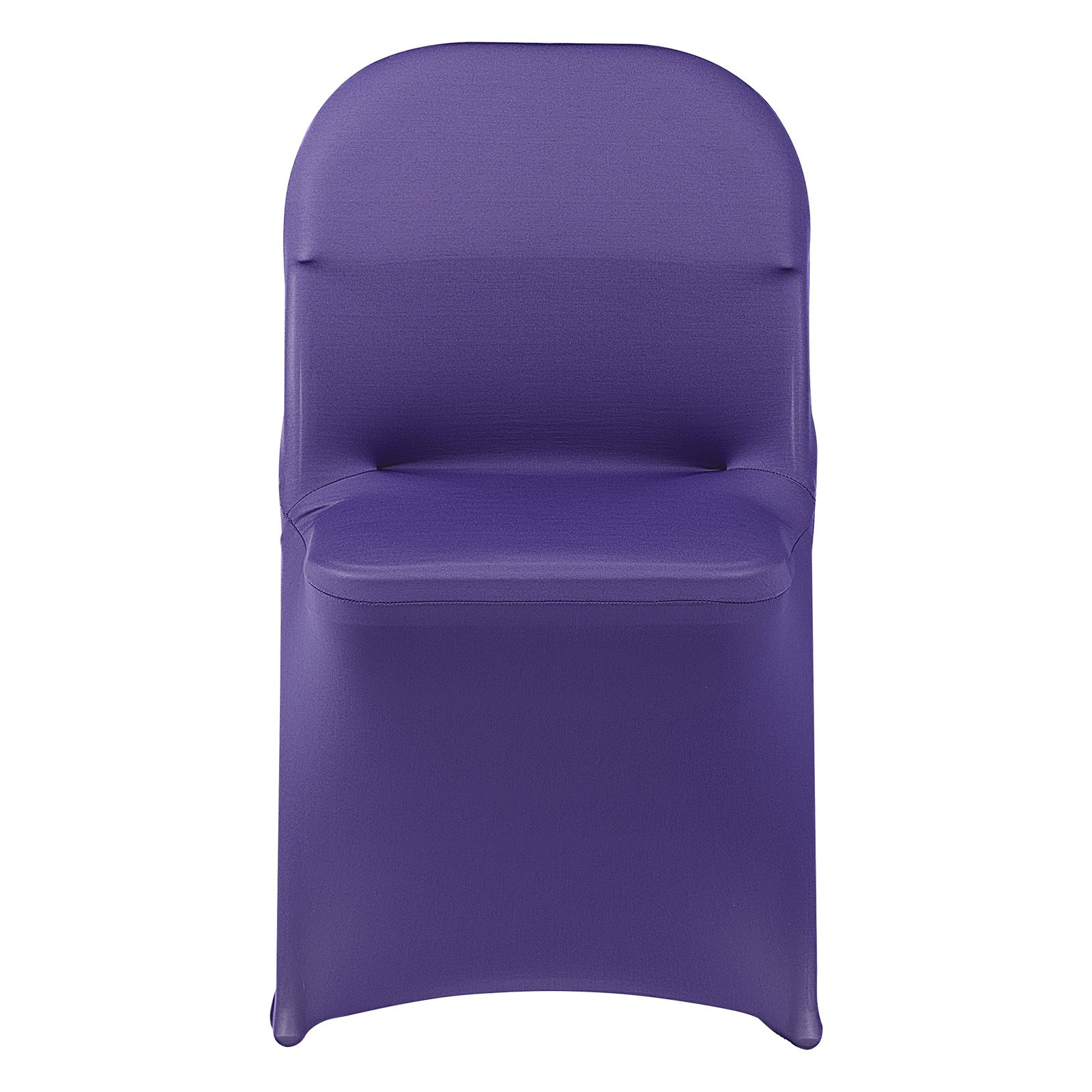 Set of 50 purple polyester spandex chair covers by Start2Finish for weddings, parties, and banquets, fitting chairs up to 30 inches.