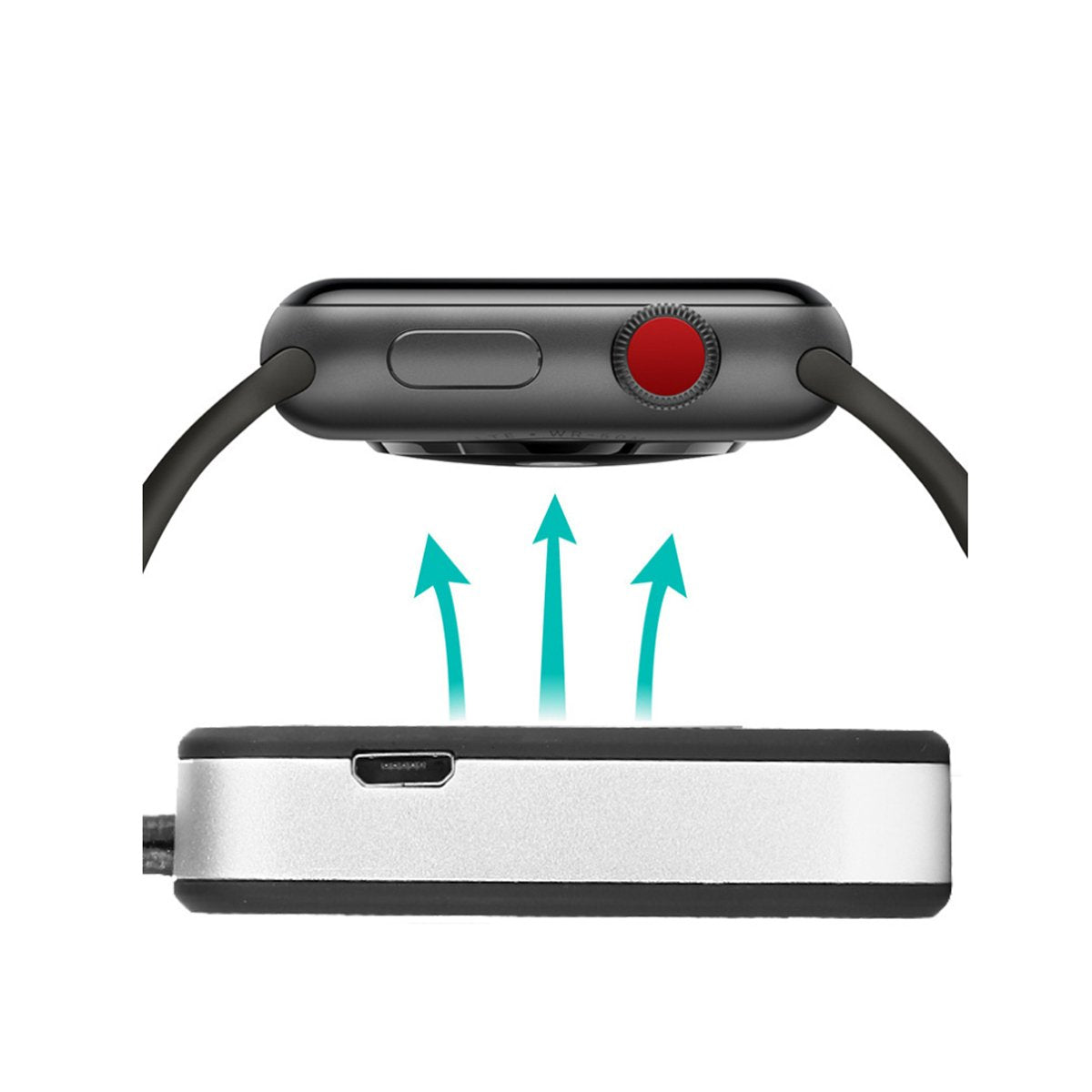 Salmon Lucky Apple Watch wireless charger power bank on key chain, compact tech accessory with charging cable and key ring.