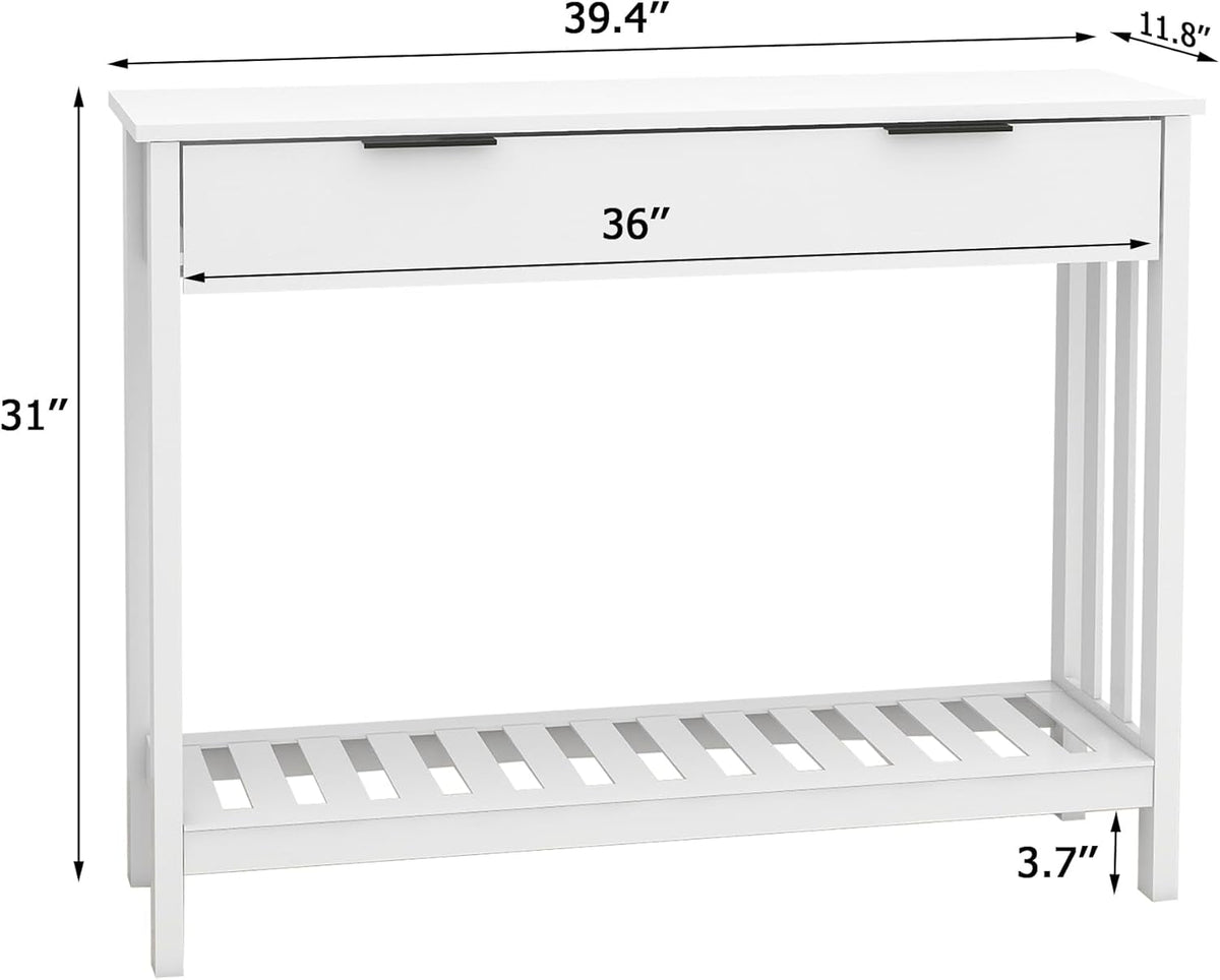 White Minimalist Console Table With Generous Drawer