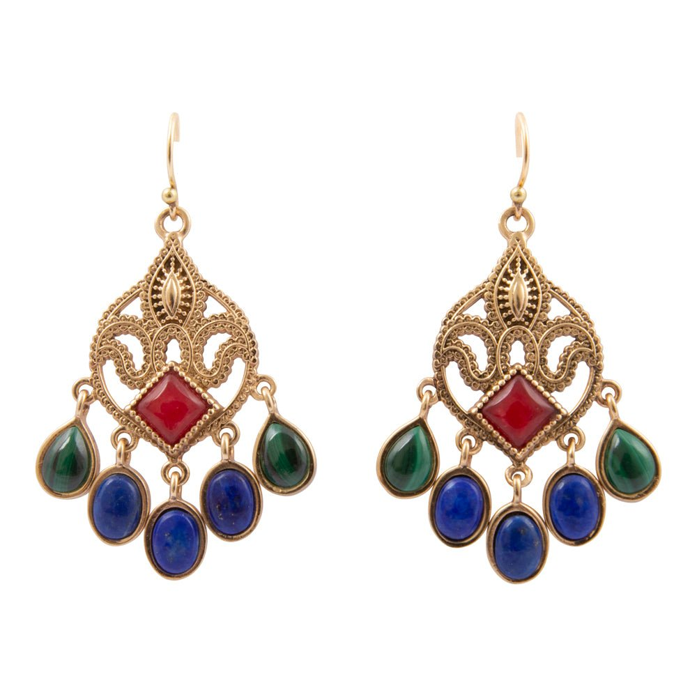 Luscious red quartz golden chandelier earrings with intricate metalwork and dangling gemstone details in jewelry display
