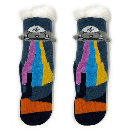 Kids Sherpa slipper socks by Jade Icarus featuring UFO design, soft plush interior, and cozy fleece exterior for warmth and comfort.