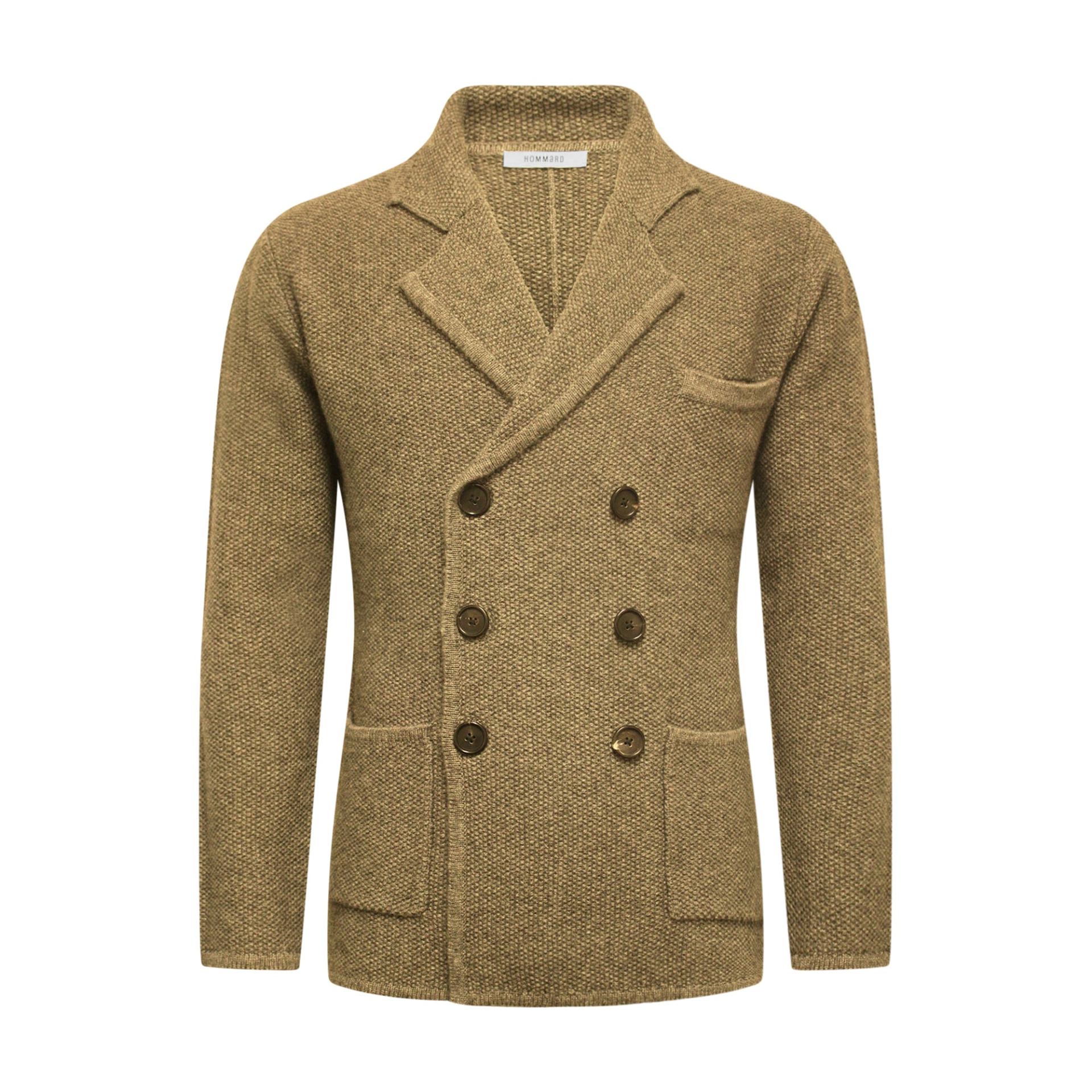 Start2Finish camel knitted double-breasted jacket with a stylish design, displayed on a hanger.