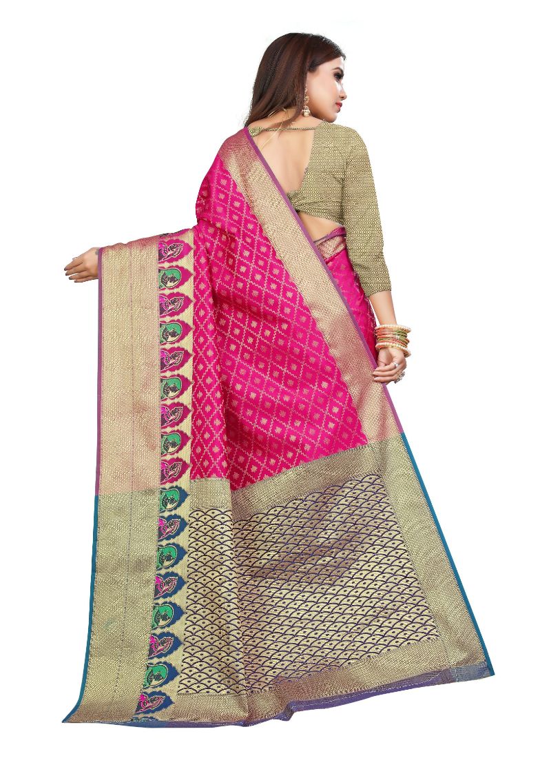 Elegant ivory Kanjivaram silk saree with intricate gold patterns and matching blouse, showcased by Ivory Cassiopeia.