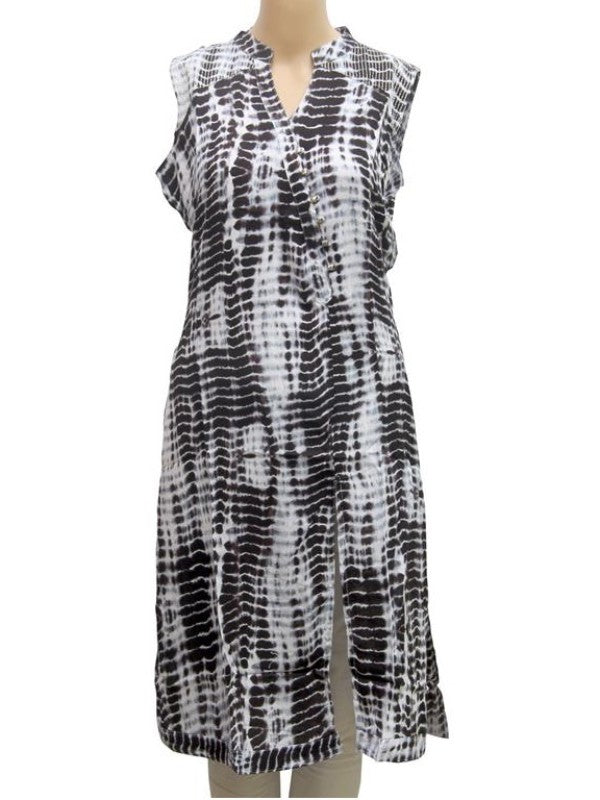 Blue smoky printed sleeveless rayon dress with front slit, women&