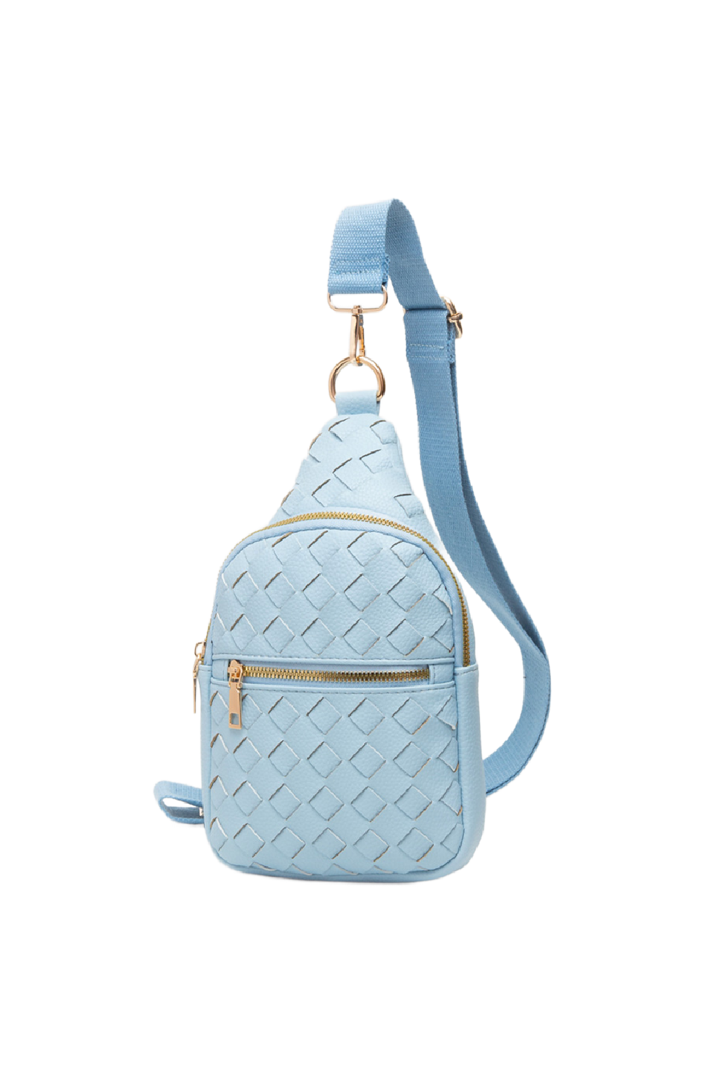 Start2Finish woven vegan leather sling bag with adjustable strap and woven texture, perfect for stylish accessories.