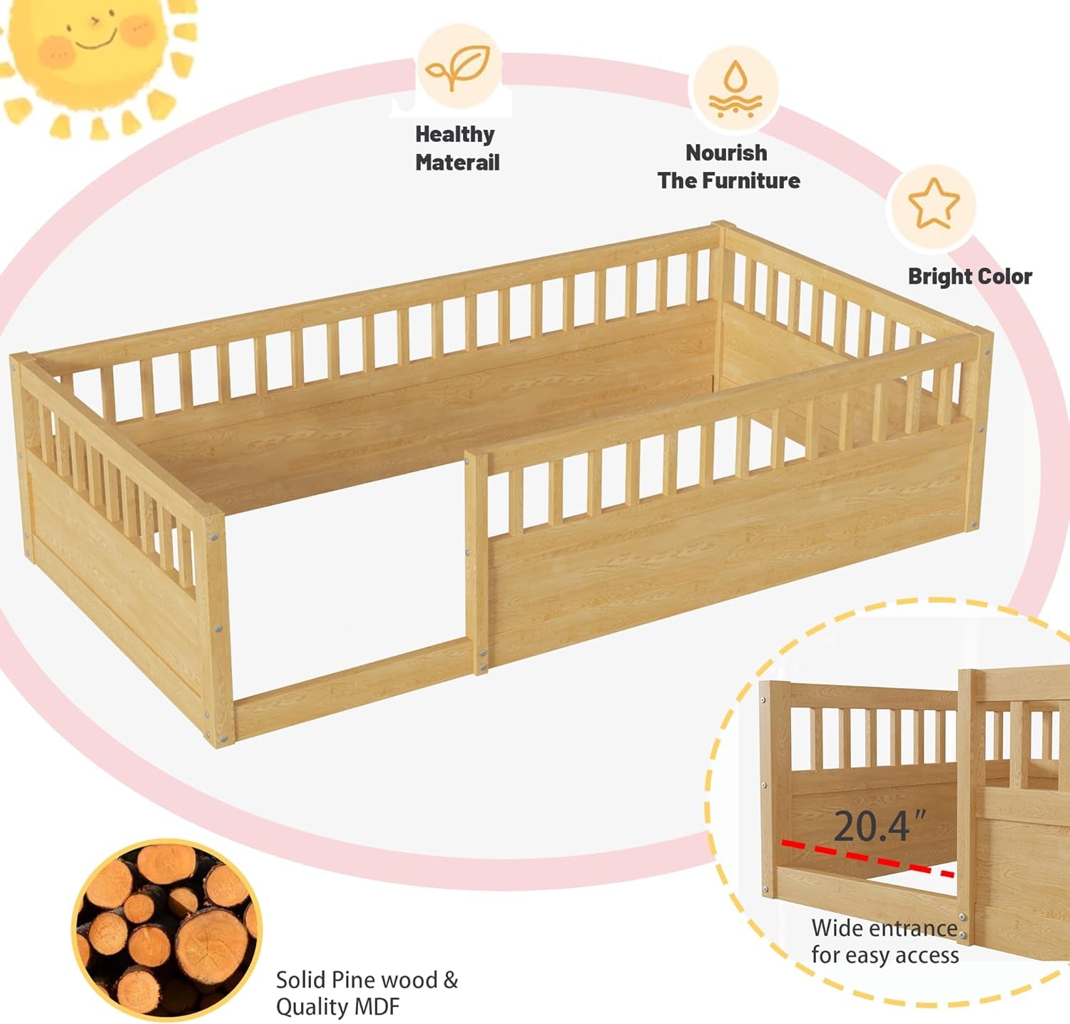 Natural twin Montessori floor bed with high safety rails from Peach Maple, showcasing a sturdy wooden furniture piece for children.