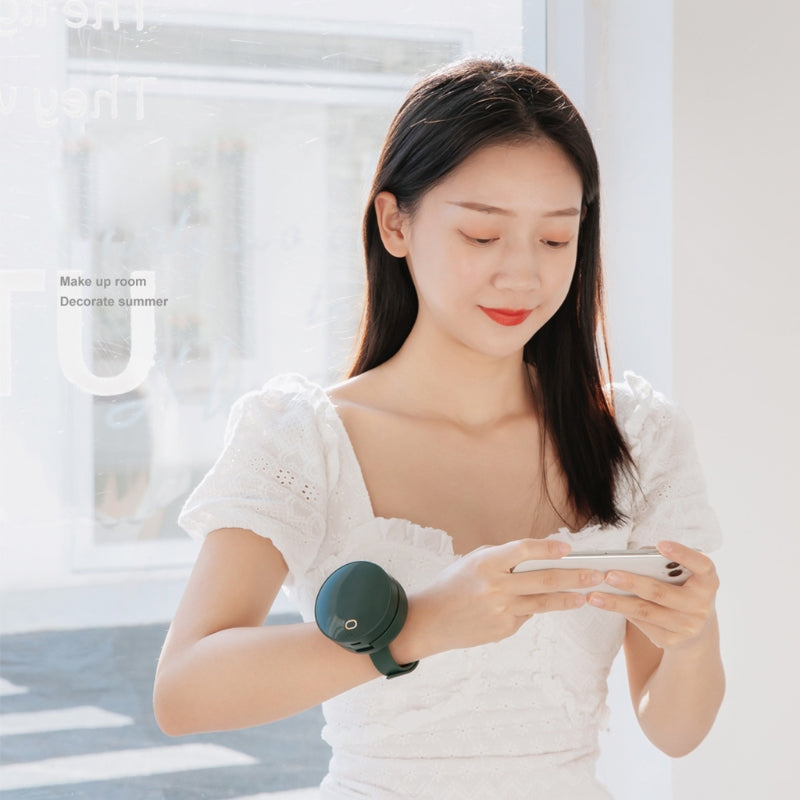Maroon Asteria portable wrist fan with mirror, leafless design, USB rechargeable, three-speed settings, ideal for home improvement tasks.