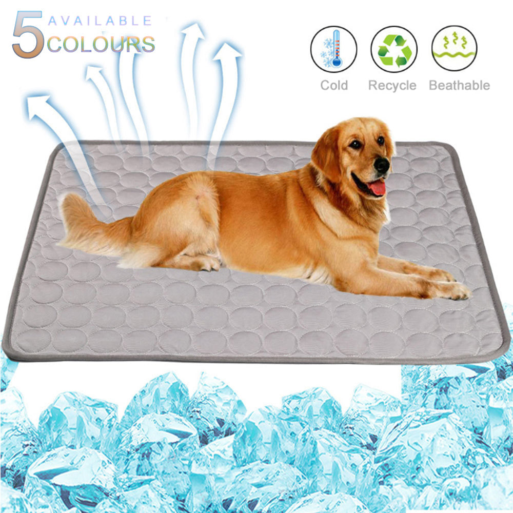 Maroon Asteria pet summer portable ice silk cooling pad on a bed, designed for cooling and comfort for small animals.