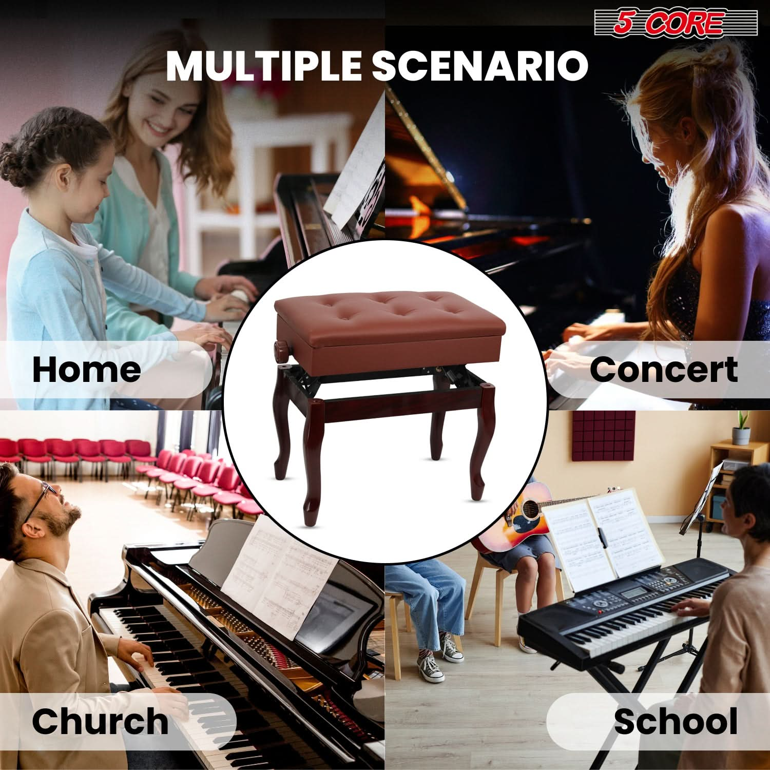 Start2Finish 5 Core padded piano bench with wooden frame, adjustable height, cushioned seat, and built-in storage for musicians.