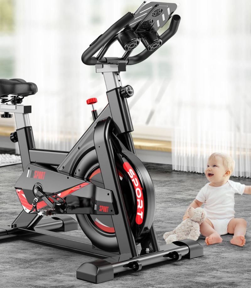 Indoor spinning bike from Puce Orpheus with monitor for tracking heart rate and workout performance.