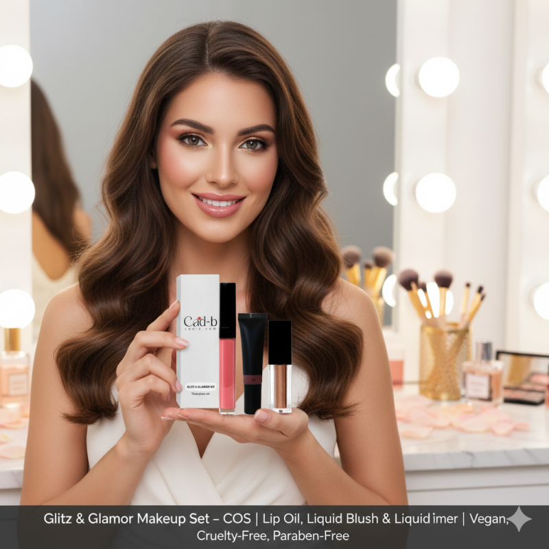 Start2Finish Glitz & Glamor Makeup Set with lip oil, liquid blush, and shimmer, featuring vegan and cruelty-free beauty products.